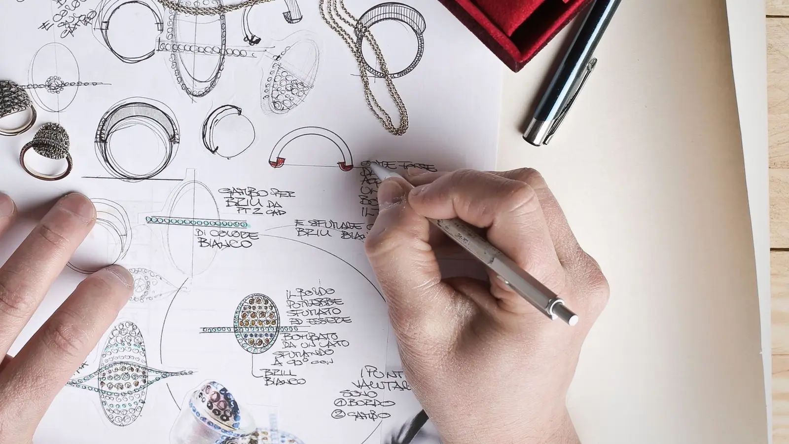 A designer sketching rings and pendants by hand